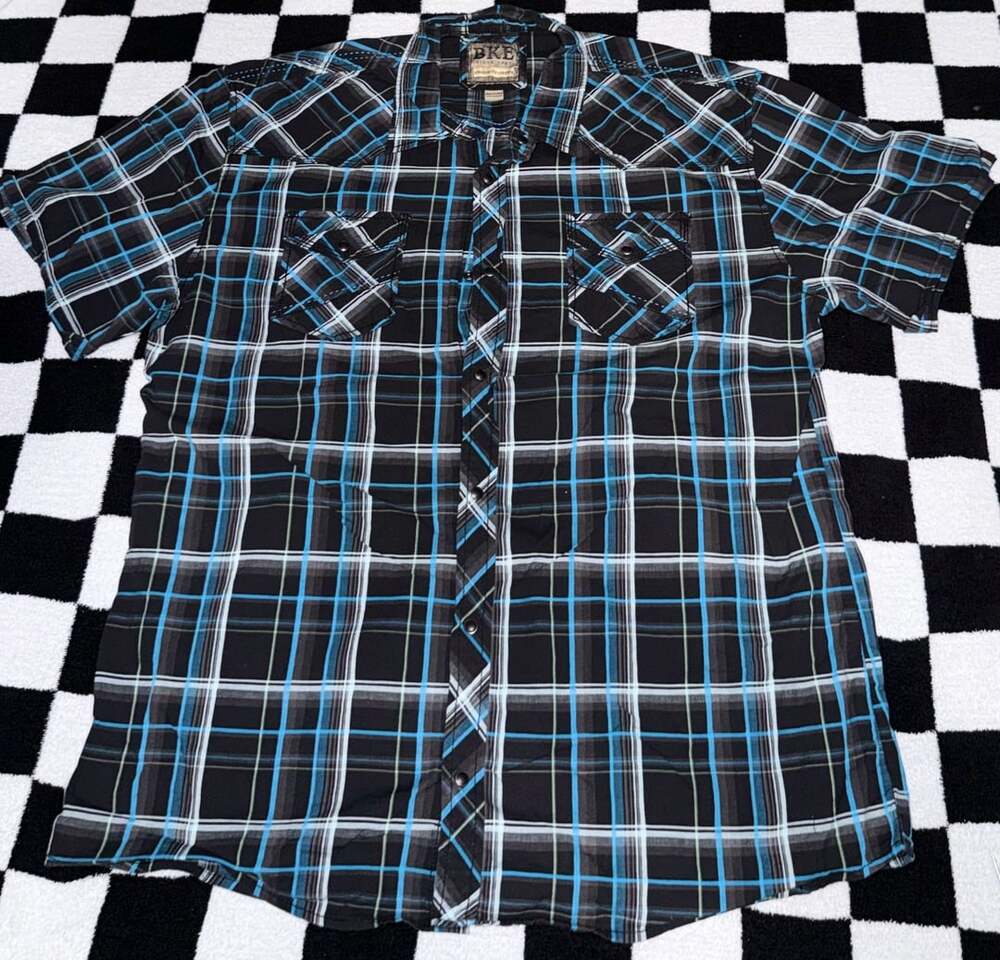BKE Athletic Fit Stretch Short Sleeve Plaid Button-Up Shirt XXL